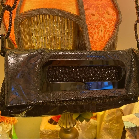 Just Cavalli folding bag in patent faux gray/brown leather with charcoal accents - Picture 11 of 12